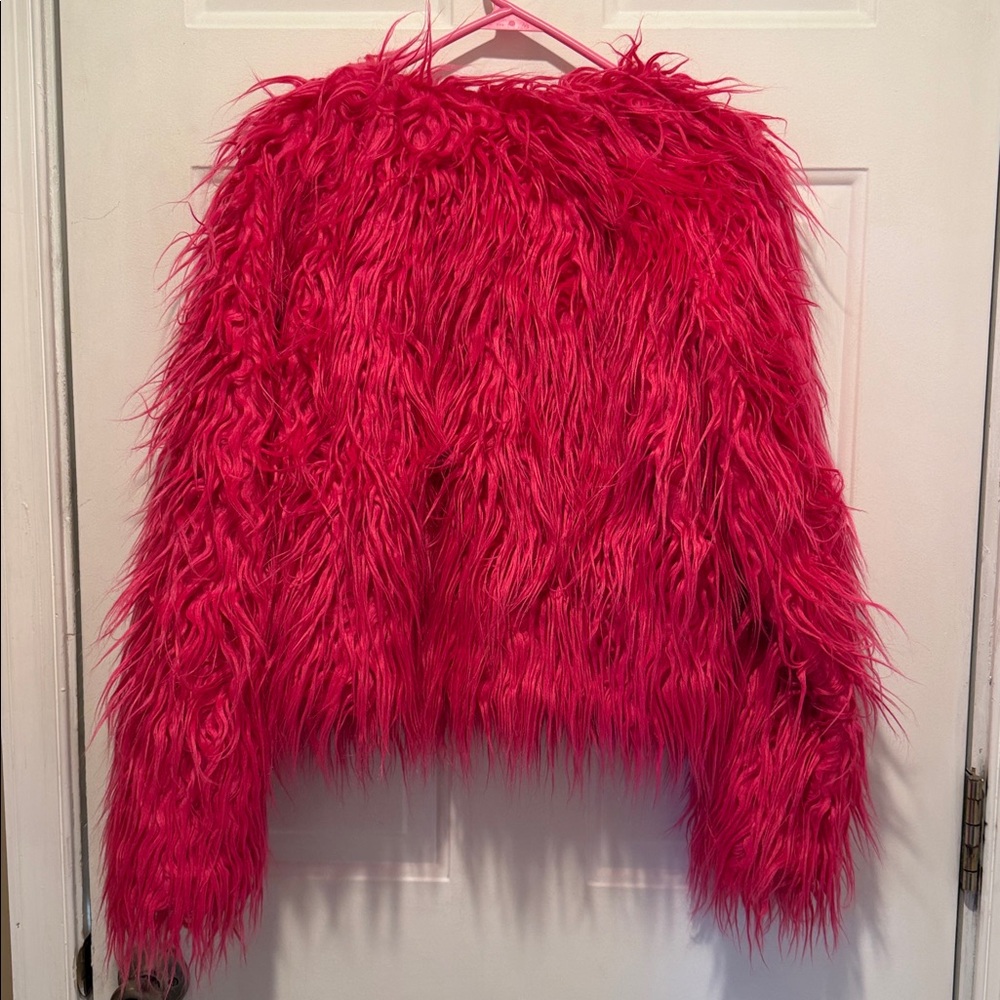 Hot Pink Shaggy Faux Fur Coat - Picture 2 of 11
